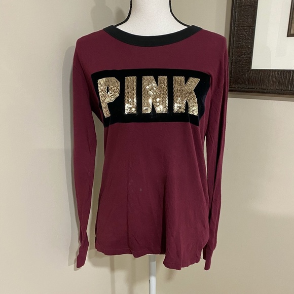 **VS PINK* Burgundy Gold Sequin Logo Long Sleeve Size Small - Picture 1 of 6